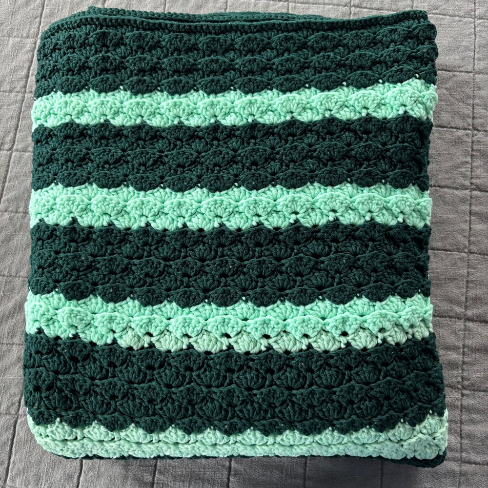 Vintage Handmade Crochet Afghan Blanket Forest Mint Green Shell Stitch 55x63